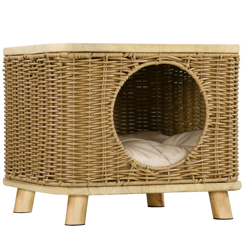 PawHut Wicker Cat House, Elevated Design Rattan Cat Bed Basket with Washable Soft Cushion, Door Hole, for Indoor Cats Kittens, Light Brown
