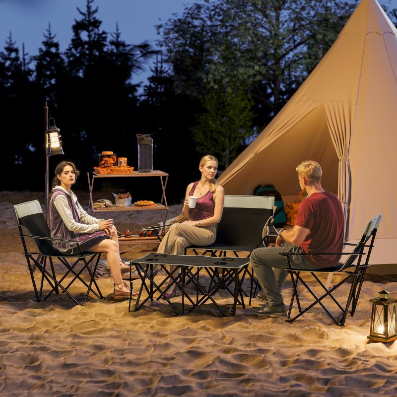 Outsunny 4 Piece Foldable Camping Table and Chairs Set, Portable Picnic Table with 3 Chairs, Cup Holders and Carrying Bag, Outdoor Lightweight Table Set for BBQ, Picnic, Parties, Grey