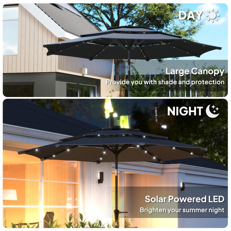 Outsunny 2.6 m Garden Parasol with Solar LED Lights, 3-Tier Patio Umbrella Outdoor with Tilt Mechanism & Crank Handle, UPF 30+, Table Umbrella for Market Terrace, Dark Grey