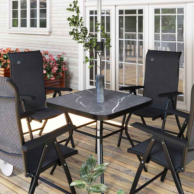 Outsunny 80x80cm Outdoor Dining Table, Faux-marbled Garden Table with Umbrella Hole, Square Patio Table with Steel Frame for Porch, Balcony, Black