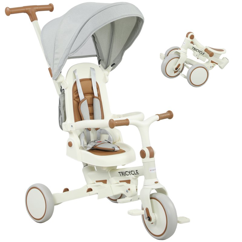 AIYAPLAY Kids Trike, Foldable Toddler Tricycle 5 in 1 with Adjustable Parent Handle & Removable Canopy, 5-point Safety Harness, Footrest, Storage Bag, for Ages 1-3 Years, Cream White