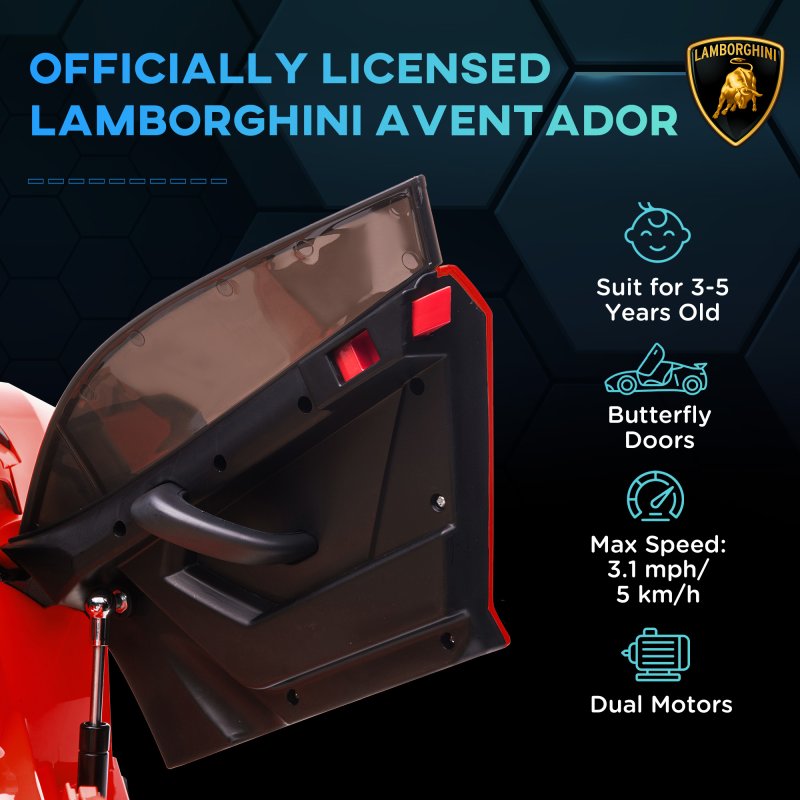 HOMCOM Lamborghini Aventador Licensed Kids' Electric Ride-on with Remote Control, 12V Powered Electric Car for Kids with Butterfly Doors, Auxiliary wheels, Music, Horn, Suspension - Red