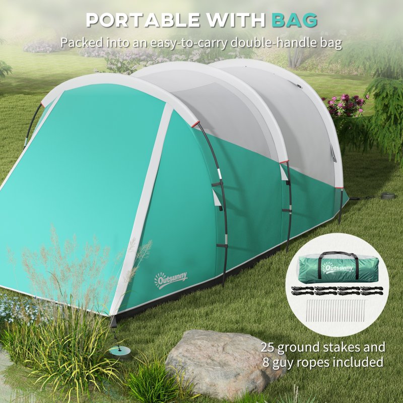 Outsunny 2 Room Camping Tent for 3 Man, 3000mm Waterproof Family Tent with Sewn-in Groundsheet, Portable with Carry Bag, for Fishing Hiking Festival, Green