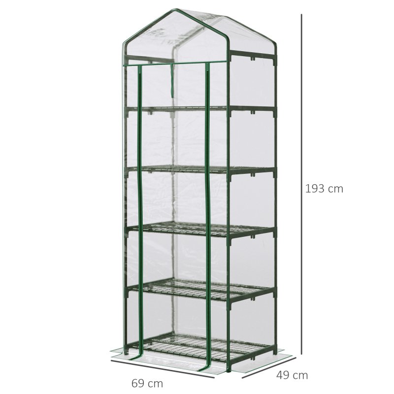 Outsunny 5 Tier Mini Greenhouse, Portable Greenhouse with Reinforced Plastic Cover, Garden Grow House with Roll Up Door and Shelves, 69 x 49 x 193cm, Green