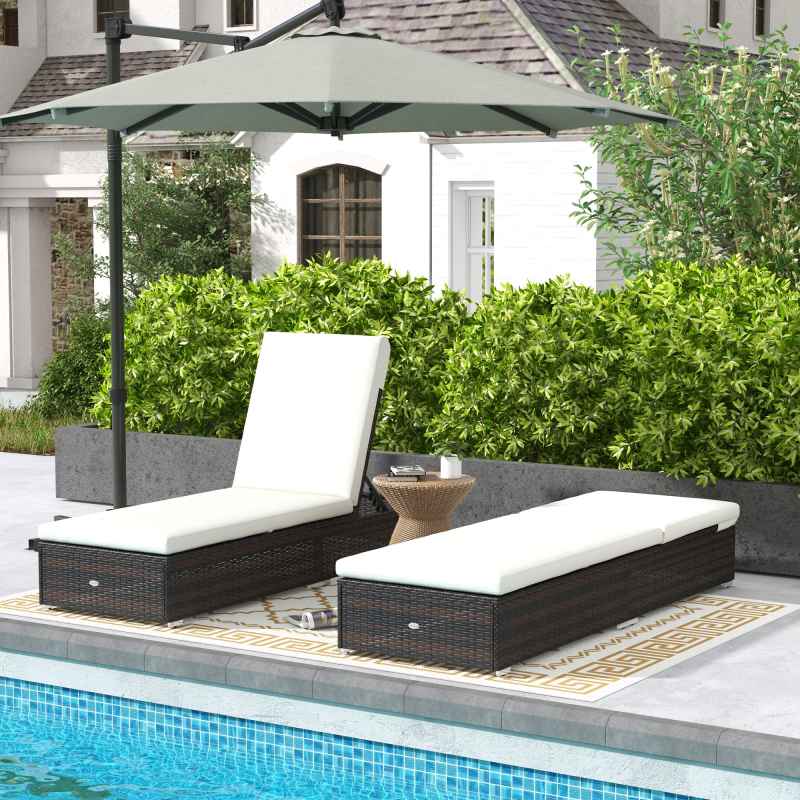 Outsunny PE Rattan Sun Loungers Set of 2, Five-level Adjustable Recliner Chairs w/ Soft Padded Cushion for Patio, Garden, Mixed Brown