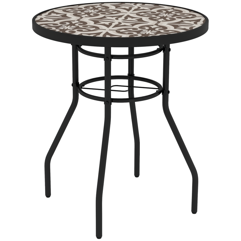 Outsunny ??60 cm Garden Round Coffee Table,  Outdoor Side Table with Tempered Glass Printed Table Top and Foot Pads for Porch, Balcony, Tan Brown