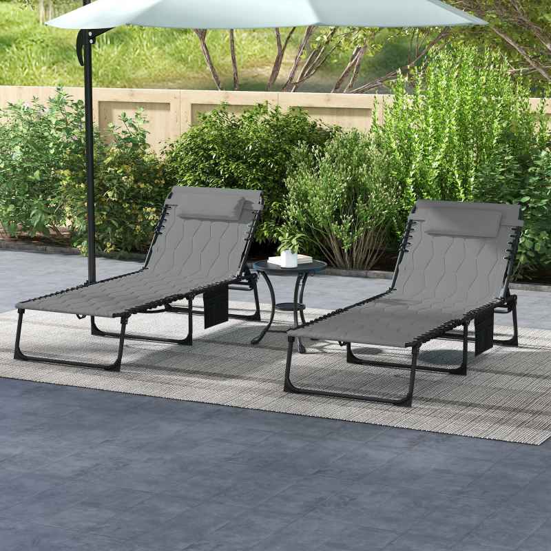 Outsunny 2 Piece Foldable Sun Lounger Set with 5-level Reclining Back, Outdoor Tanning Chairs Sun Loungers with Build-in Padded Seat, Side Pocket, Headrest for Beach, Patio, Grey