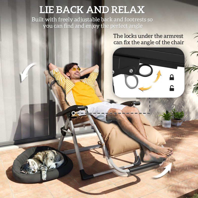 Outsunny 2 Piece Reclining Zero Gravity Chair Metal Frame Folding Garden Sun Lounger with Cushion Headrest, Khaki