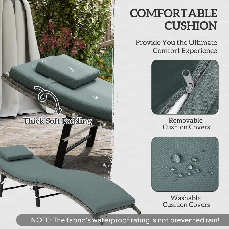 Outsunny Folding Rattan Sun Lounger, Wicker Garden Lounger with Cushion and Pillow, Outdoor Sunbed with Steel Frame for Patio, Beach, Terrace, Mixed Grey