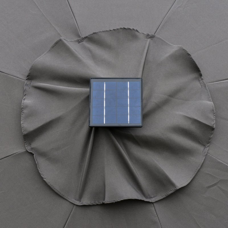 Outsunny 2.7m Garden Parasol Sun Umbrella Patio Summer Shelter w/ LED Solar Light, Angled Canopy Vent, Crank Tilt, Grey
