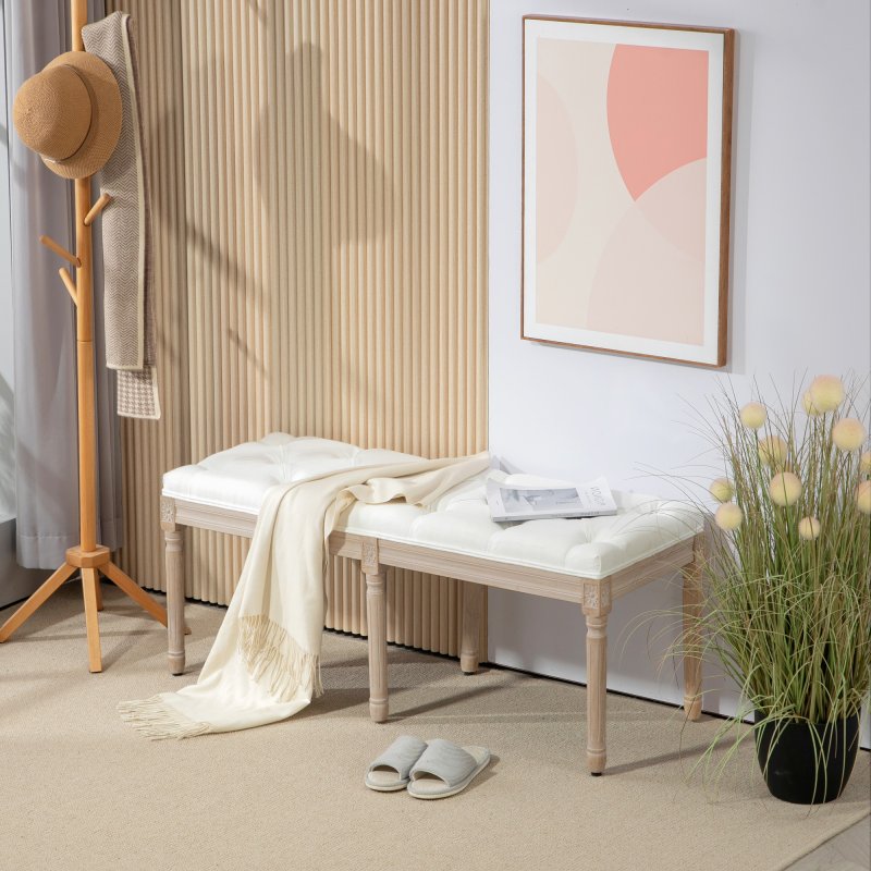 HOMCOM Bedroom End of Bed Bench, 117cm French Vintage Bench with Thick Padding and Wood Legs, Button Tufted Bench for Entryway Living Room Bedroom Decor, Cream White