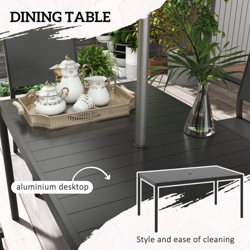 Outsunny 7 Piece Garden Dining Set, 6 Seater Garden Table and Chairs with Parasol Hole, Aluminium Top Table and Texteline Chairs, Outdoor Dining Furniture Set for Patio, Dark Grey