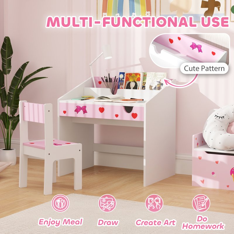 AIYAPLAY Kids Desk and Chair Set, Children Study Table and Chair with Storage, Pull-Out Drawer, Bow Pattern, for Bedroom, Playroom, Nursery, for Ages 3-6 Years, Pink