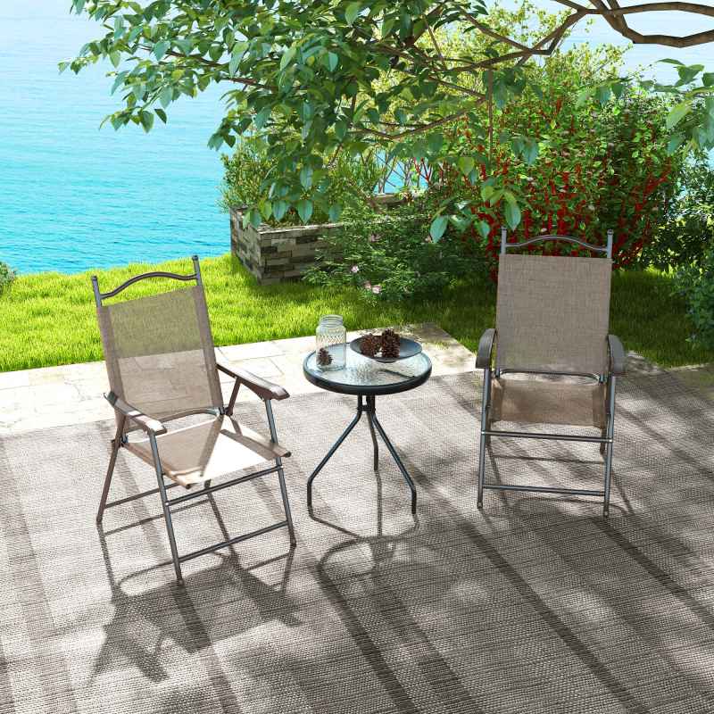 Outsunny Folding Chairs Set of 2, Garden Chair with Armrest, Breathable Mesh Fabric Seat, Camping Sports Chairs for Adults, Mixed Brown