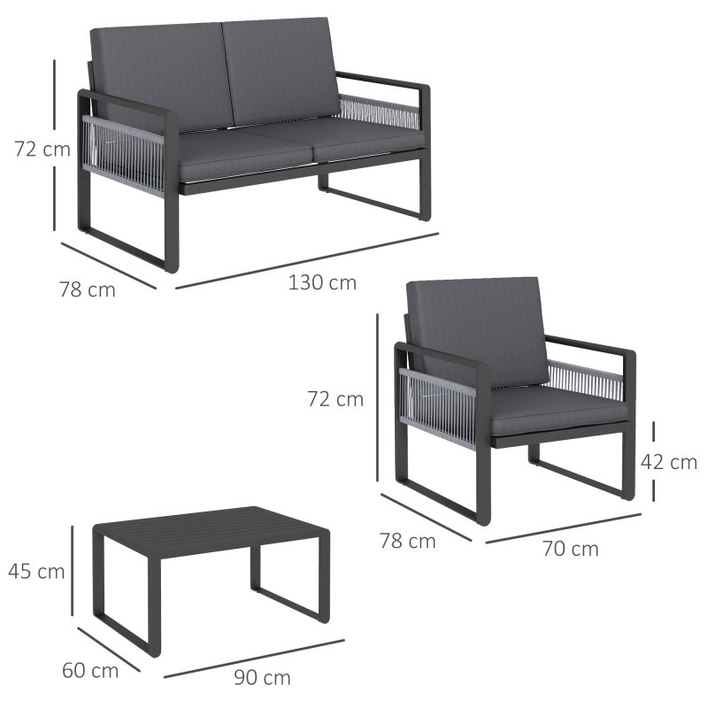 Outsunny 4 Pieces Aluminium Garden Furniture Set with Cushions, Patio Furniture Set with Slatted Aluminium Top Coffee Table, Sofa Set with Rope Decoration Weave Armchairs, Black
