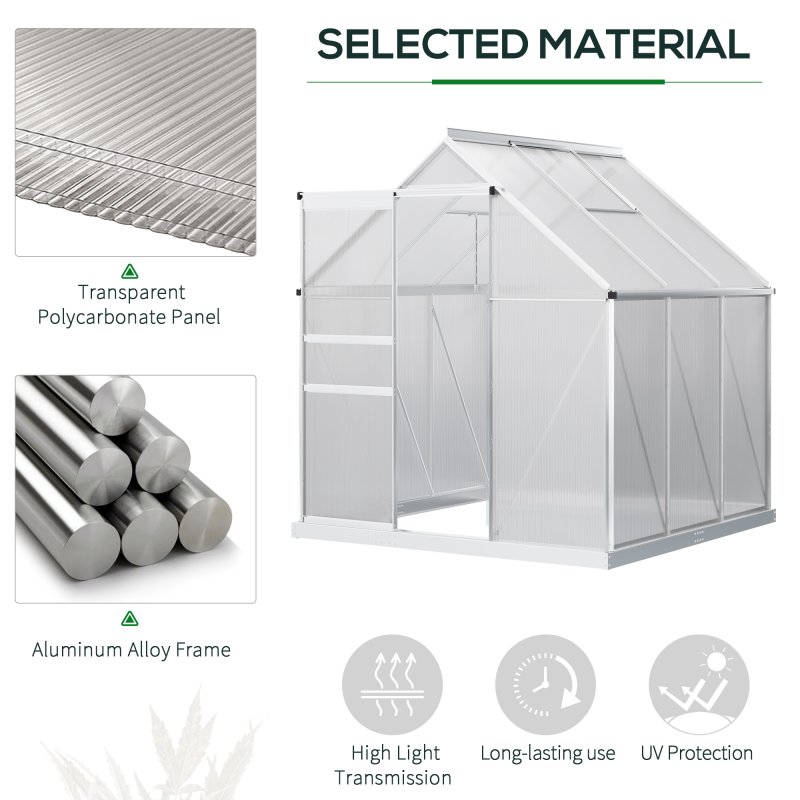 Outsunny Polycarbonate Greenhouse, Small Greenhouse with Adjustable Roof Vent, Garden Green House with Galvanised Base, Sliding Door and Rain Gutter, 190 x 190 x 200 cm, Silver Tone