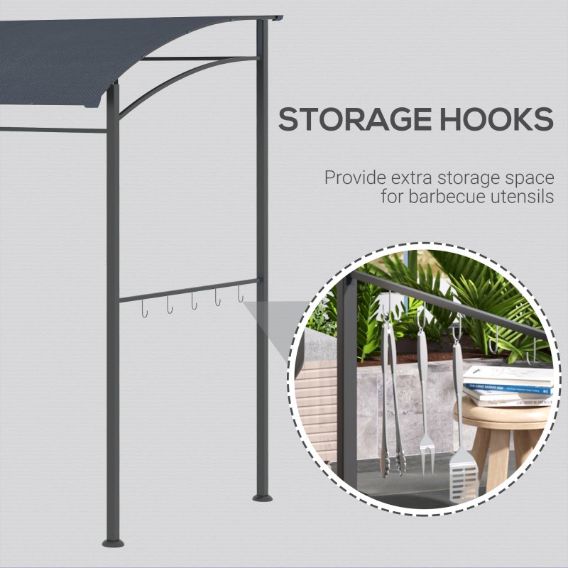 Outsunny 2.2 x 1.5 m BBQ Grill Gazebo Tent, Garden Grill with Metal Frame, Curved Canopy and 10 Hooks, Outdoor Sun Shade, Dark Grey