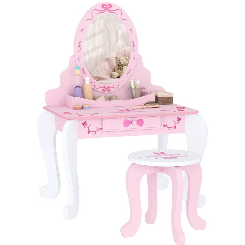 AIYAPLAY Kids Dressing Table Set, Two-Piece Kids Vanity Table with Stool, Mirror, Drawer, Desktop Storage, Ballet Theme, Girls Makeup Desk, Chair, Pink