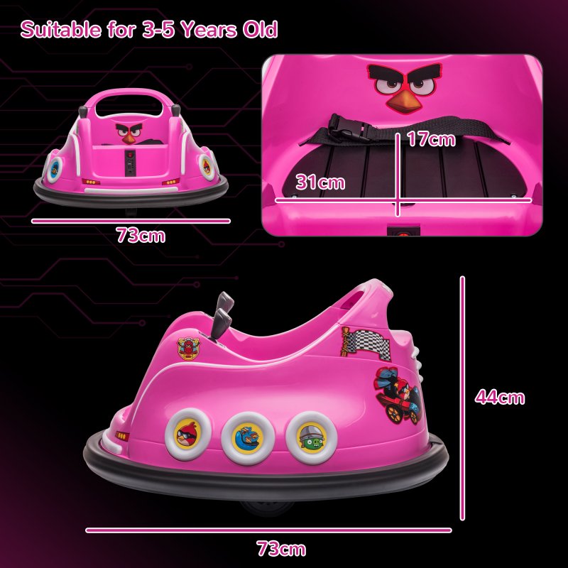 AIYAPLAY Angry Bird Licensed 12V Kids Bumper Car, 360 Rotation Waltzer Car with Joysticks, Remote Control, Music USB LED Lights, for 3-5 Years Old - Pink