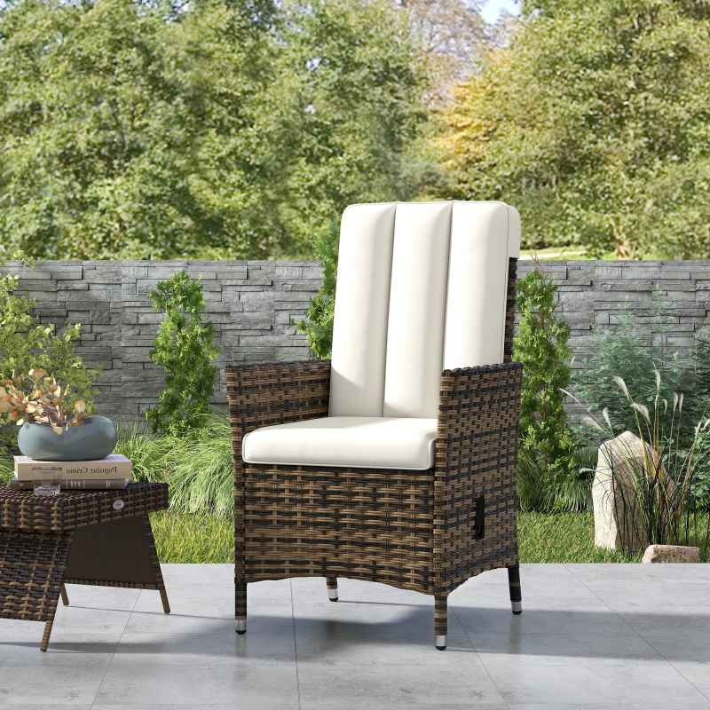Outsunny Rattan Garden Recliner Chair, Wicker Reclining Armchair with Adjustable Backrest and Cushion, Outdoor Lounge Sun Lounger with Armrests for Patio Balcony Porch, Cream White