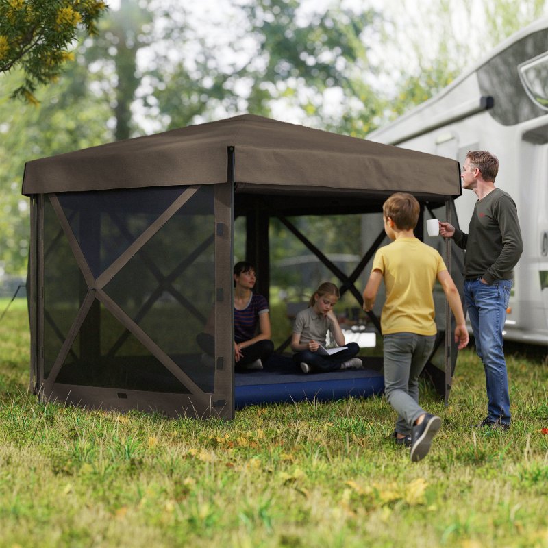Outsunny 3 x 3(m) Hexagon Pop Up Gazebo with 5 Sides and Carry Bag, Waterproof, UV Resistant Party Tent Instant Event Shelter with Netting for Garden, Patio, Brown