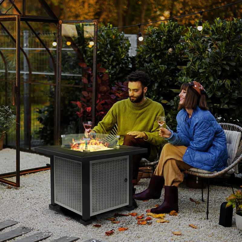 Outsunny Square Propane Gas Fire Pit Table, 50000 BTU Rattan Smokeless Firepit Patio Heater with Glass Screen, Glass Beads and Lid, 81cm x 81cm x 64cm, Grey