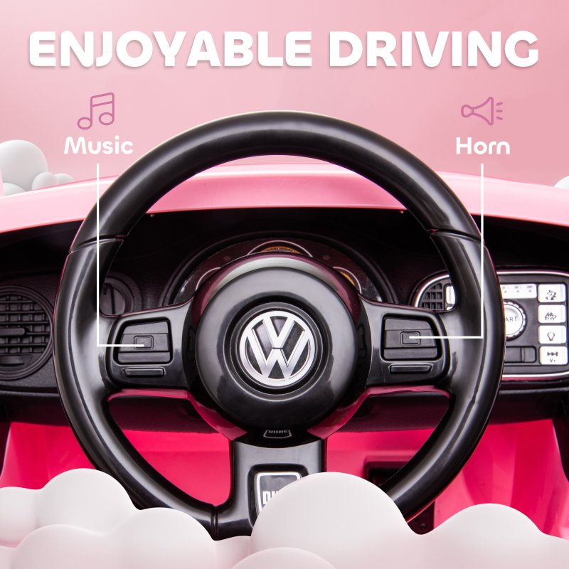 AIYAPLAY Volkswagen Beetle Licensed Ride on Car, 12V Kids Electric Car with Remote Control, 4 Spring Suspension Wheels, Soft Start, Headlights, FM Radio, Music, Horn, Pink