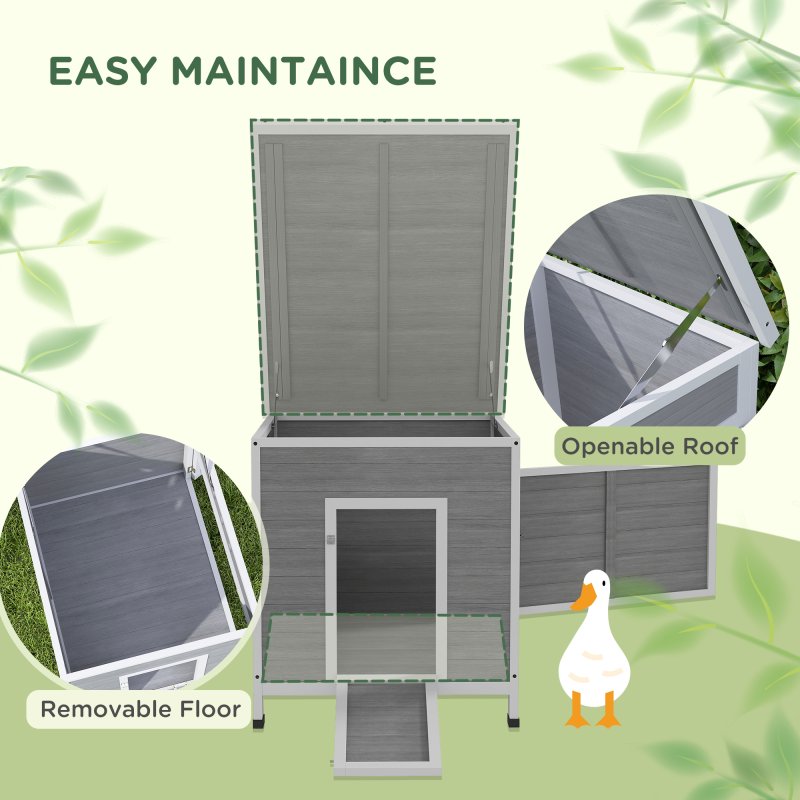 PawHut Wooden Duck House, Raised Poultry Coop with Ramp, Double Doors, Openable Asphalt Roof, Ventilation Holes, Removable Base, for 2-4 Ducks, Chickens, Geese, Light Grey