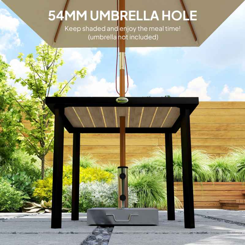 Outsunny Garden Table for 4 Person, Square 86 x 86 x 71cm Patio Outdoor Dining Table with 5.4cm Parasol Hole, Easy Clean Slatted Top, Metal Frame, for Balcony, Deck, Brown