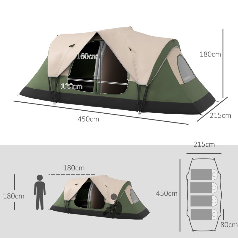 Outsunny 2 Bedroom Camping Tent for 6-8 Man, Large Family Tent with 2000mm Waterproof Rainfly and Screen Panels, Portable with Bag, for Fishing Hiking Festival, Dark Green