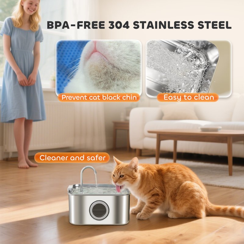 PawHut Cat Water Fountain for Drinking, 3.2L Stainless Steel Cat Fountain, Ultra-Silent, Automatic, Visible Water-Level, for Kittens, Dogs and Other Pets