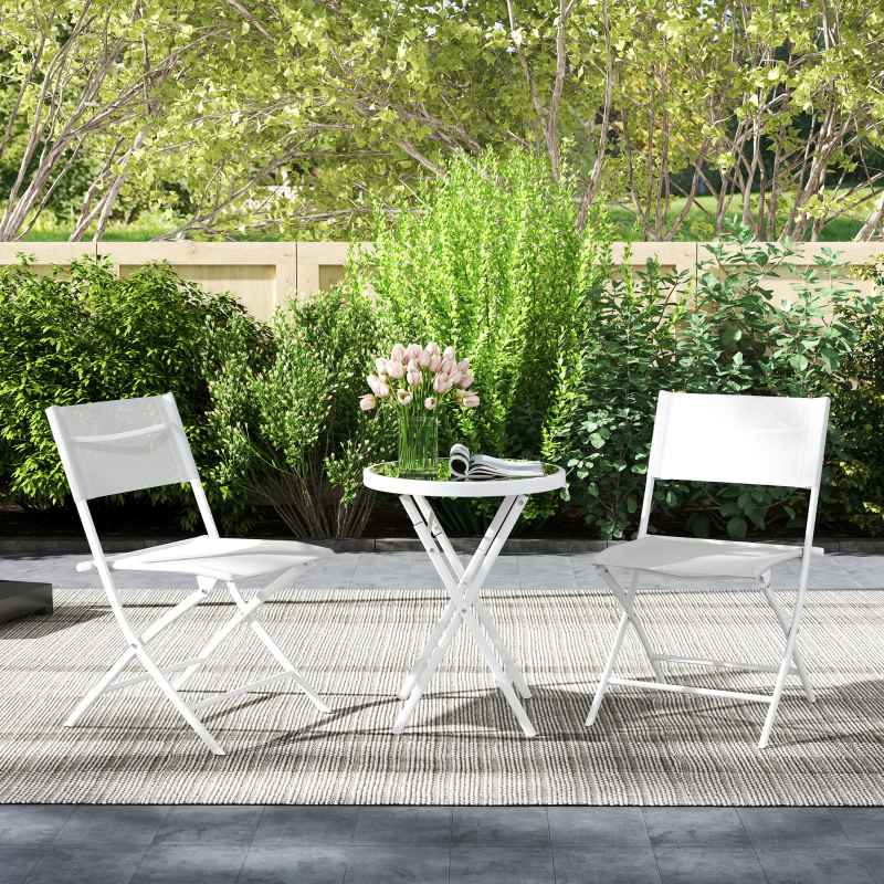 Outsunny 3 Pieces Outdoor Bistro Set, Glass Top Outdoor Table and 2 Folding Chairs, Garden Furniture Set with Protecting Feet, Steel Frame, Easy Clean, White
