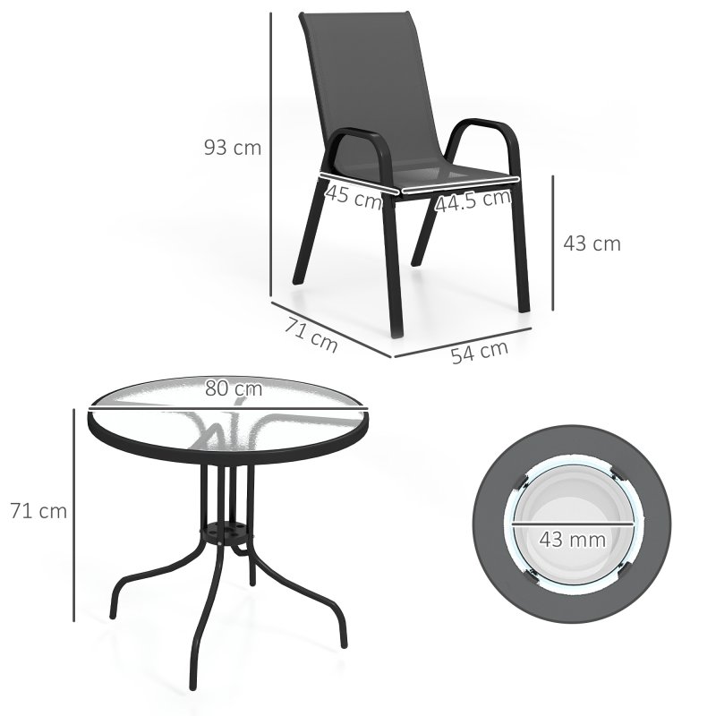 Outsunny 5 Pieces Garden Dining Set, 4 Seater Garden Furniture with High Back Stackable Chairs and Round Glass Top Table, Outdoor Bistro Set with Parasol Hole for Patio, Black