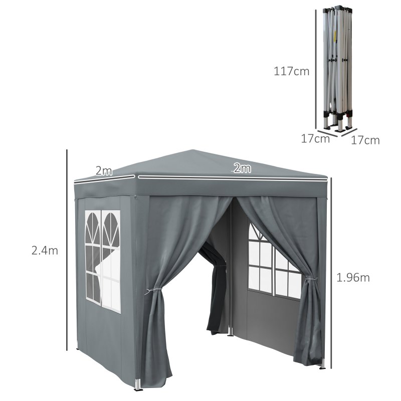 Outsunny 2 x 2 m Garden Pop Up Gazebo, Wedding Party Tent Marquee, Water Resistant Awning Canopy With Sidewalls, Windows, Carry Bag, Grey