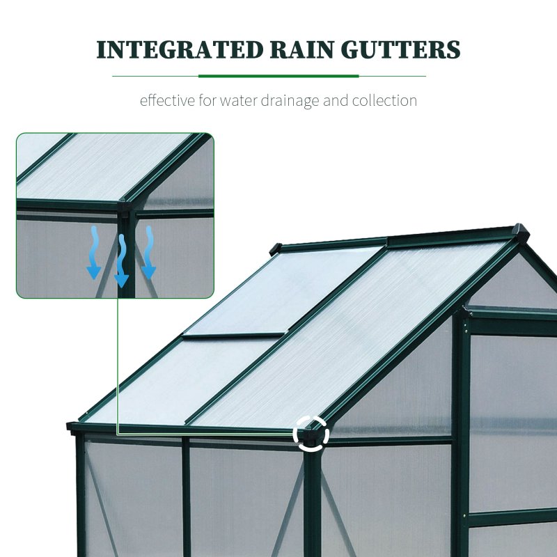 Outsunny 6 x 4ft Polycarbonate Greenhouse, Large Walk-In Green House with Slide Door and Window, Garden Plants Grow House with Aluminium Frame and Foundation, Dark Green