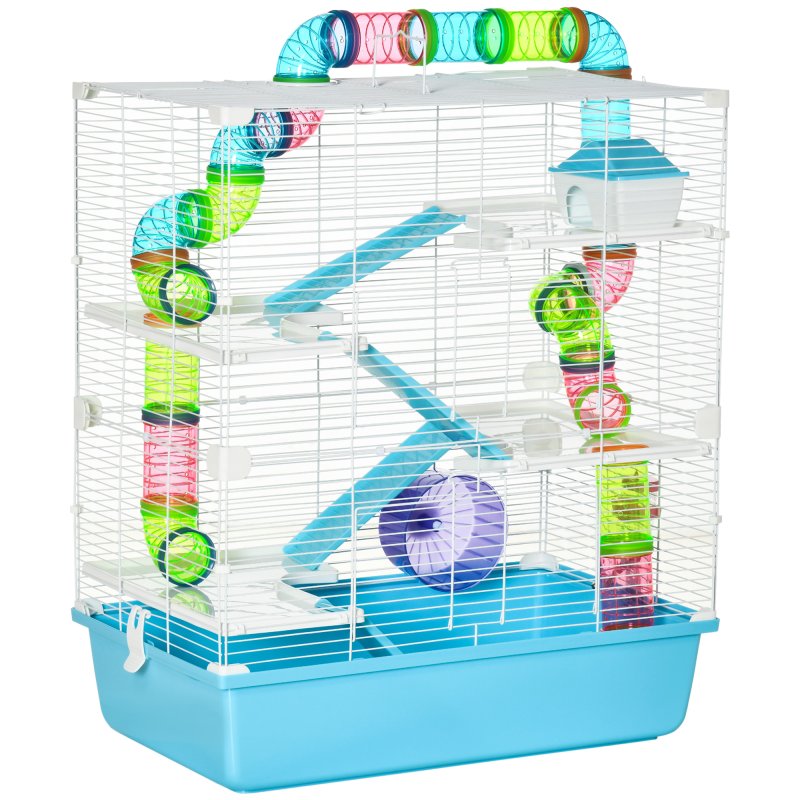 PawHut 5 Tier Hamster Cage, Gerbil Cage with Tube, Water Bottle, Exercise Wheel, Food Dish, 59L x 36W x 69H cm - Light Blue