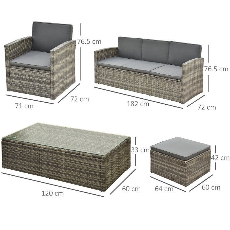 Outsunny 5 Pieces Rattan Garden Furniture Set, Wicker Garden Sofa Set with Storage Sofa and Ottomans, 2 Armchairs, Glass Coffee Table, Outdoor Conservatory Furniture with Cushions for Patio, Grey