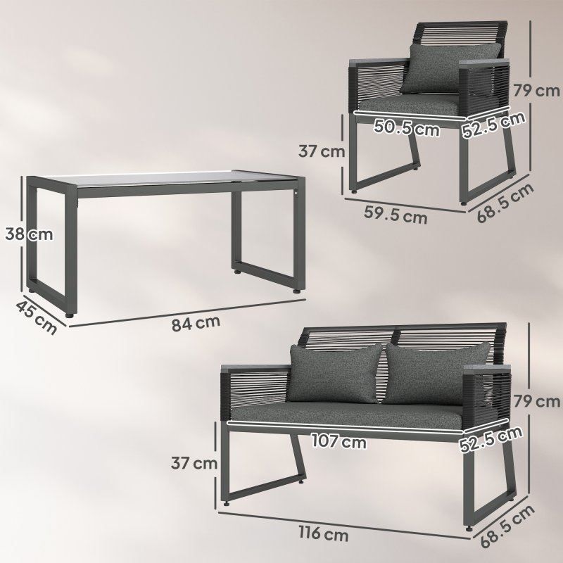Outsunny 4 Pieces Rattan Garden Furniture Set, Metal Frame Outdoor Furniture Sofa Set with Cushions, Pillows & Tempered Glass Top Table, Wicker Garden Sofa for Conservatory, Patio, Charcoal Grey