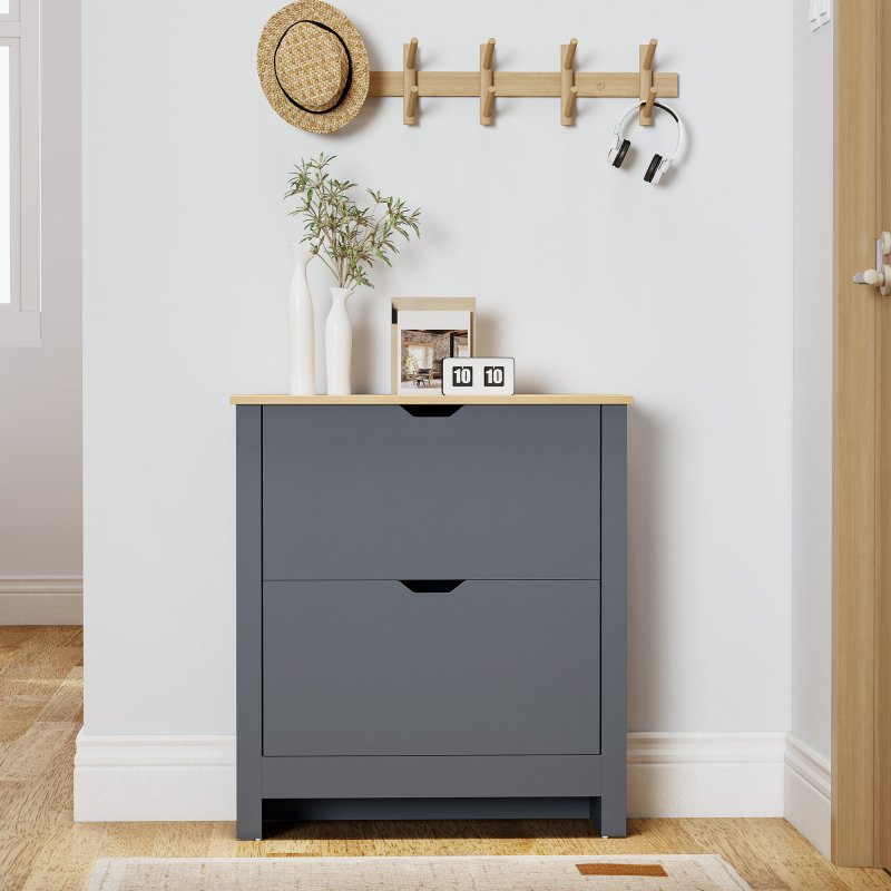 HOMCOM Narrow Shoe Cabinet, Space Saving Shoe Storage Cabinet with 2 Flip Drawers and Adjustable Shelves for 6-12 Pairs of Shoes for Hallways and Living Room, Charcoal Grey
