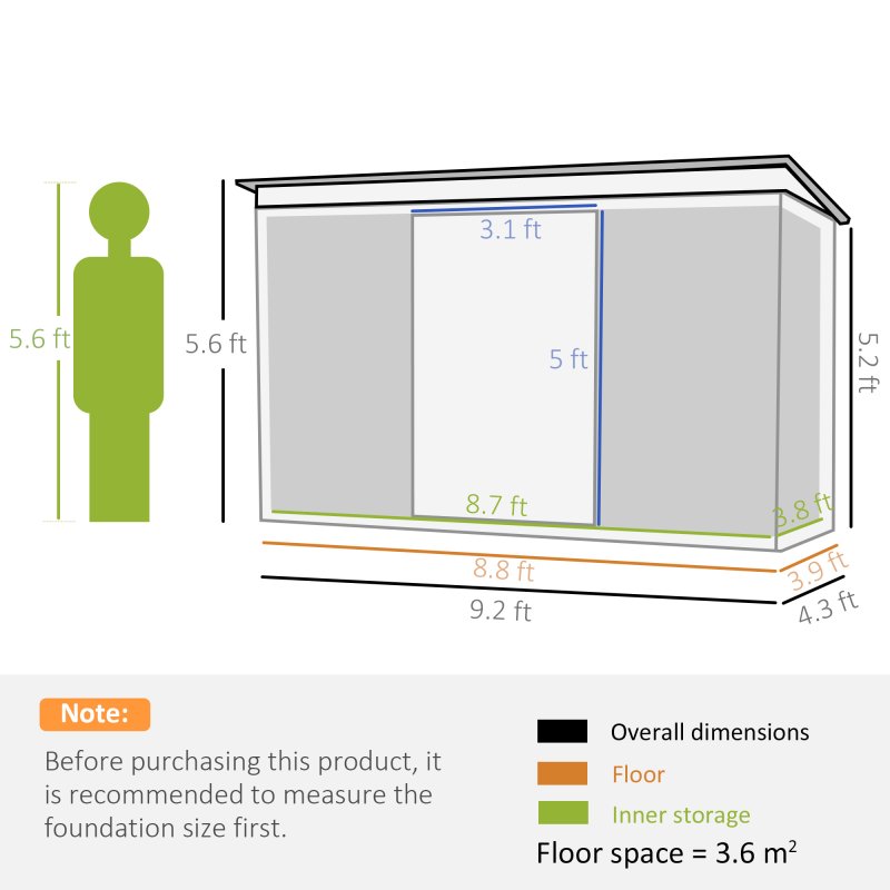 Outsunny 9ft x 4ft Metal Garden Shed, Outdoor Tool House with Foundation Kit, Ventilations and Double Doors, Light Grey