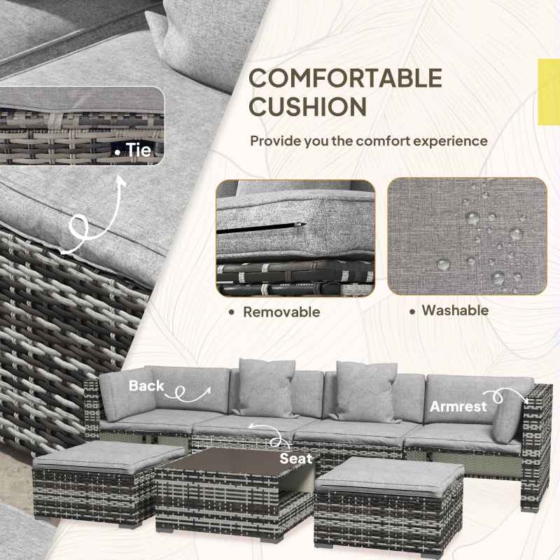Outsunny 7 Pieces PE Rattan Garden Sofa Set Patio Furniture Set with Glass Table, Stools, Cushions, Pillows, for Outdoor Balcony, Mixed Grey