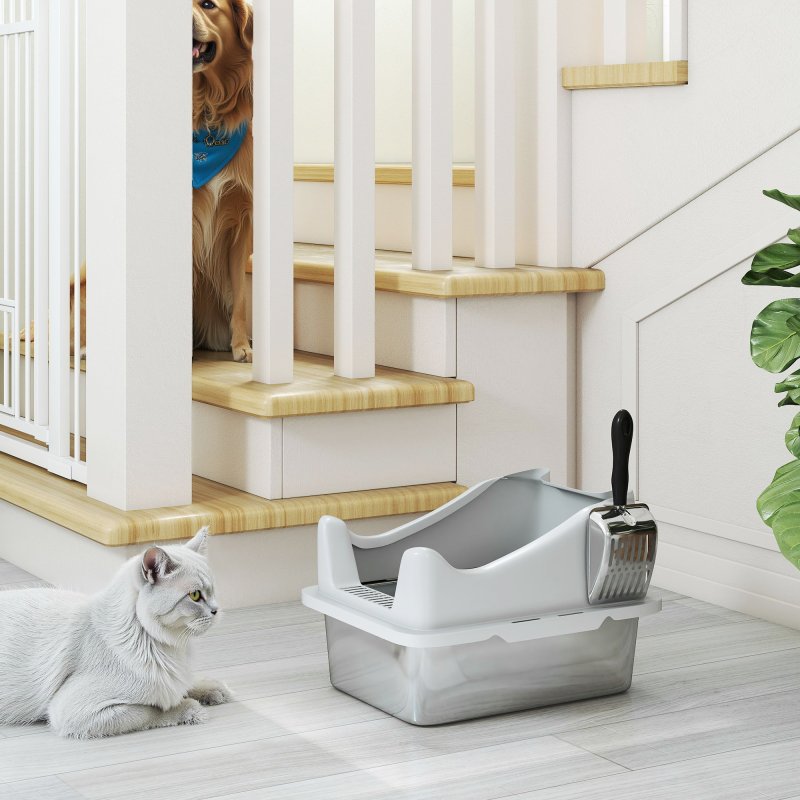 PawHut Cat Litter Tray Stainless Steel, Cat Litter Box High Sided with Metal Litter Scoop, Never Absorbs Odors, Anti Leakage & Easy to Clean, 43 x 33 x 25 cm, Grey