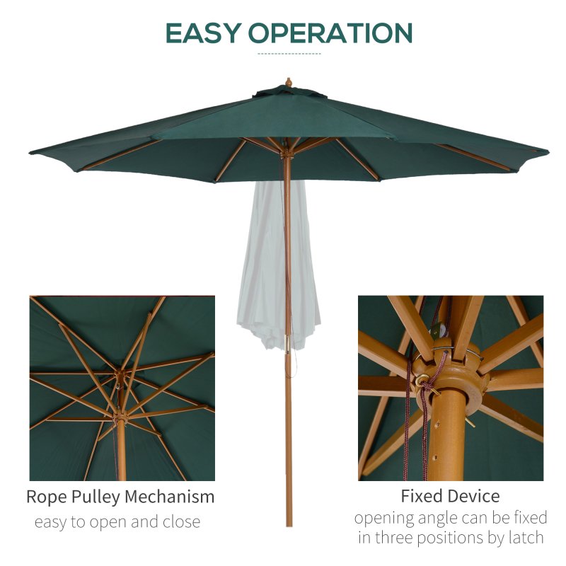 Outsunny 3(m) Garden Parasol, Pulley Operated Patio Umbrella, Wooden Parasol, Table Market Umbrella with Rope Pulley Mechanism and 8 Ribs, Dark Green