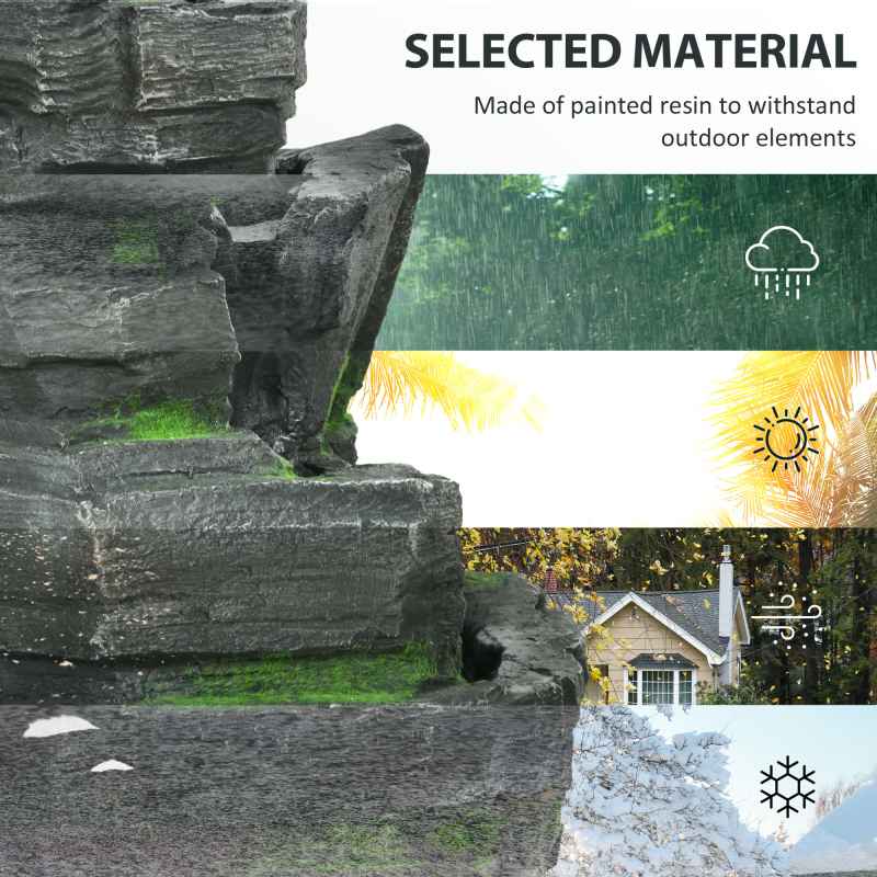 Outsunny Solar Powered Garden Water Feature with LED Lights and Pump, 4 Tier Cascading Water Fountain for Indoor/Outdoor, Stacked Stone Rock Waterfall Ornament, 57cm Height, Dark Grey