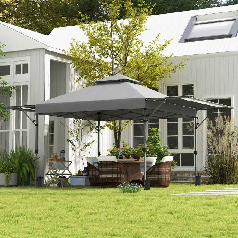 Outsunny 3 x 3(m) Pop Up Gazebo with Extend Dual Awnings, 1 Person Easy up Marquee Party Tent with 1-Button Push, Double Roof, Wheeled Bag, Sandbags, Height Adjustable Instant Shelter, Grey