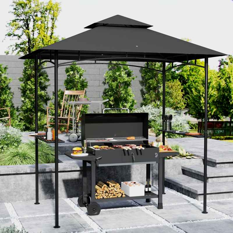 Outsunny 2.4 x 1.5 m (8' x 5') Grill Gazebo Canopy with LED Lights, Double Tiered Outdoor BBQ Gazebo Shelter with 2 Side Shelves, Storage Basket and Hooks for Garden, Barbecue, Picnic, Dark Grey