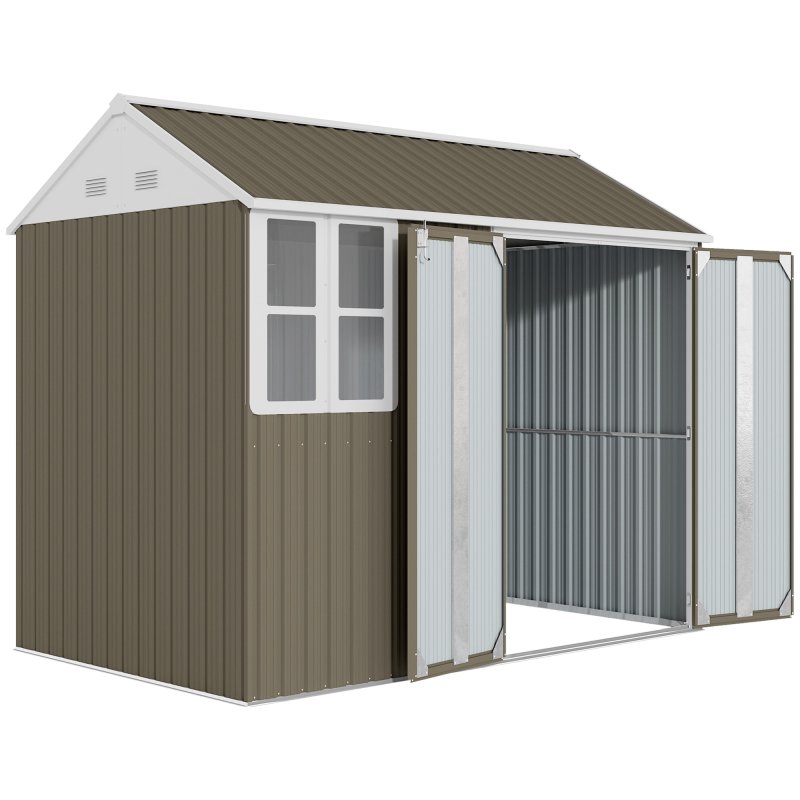 Outsunny 8 x 6 ft Garden Shed, Metal Shed with Double Doors, Window and Air Vents, Galvanised Outdoor Lockable Tool Storage House, Grey