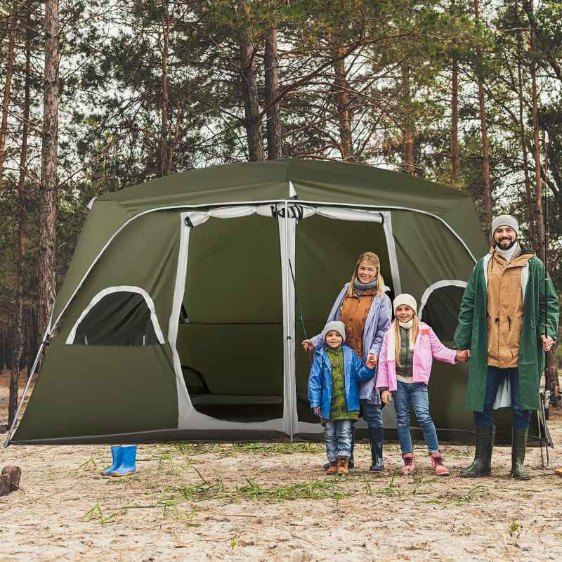 Outsunny 2 Room Camping Tent, Family Tent 4-8 Person with Large Mesh Windows, Easy Set Up for Backpacking Hiking Outdoor, Green