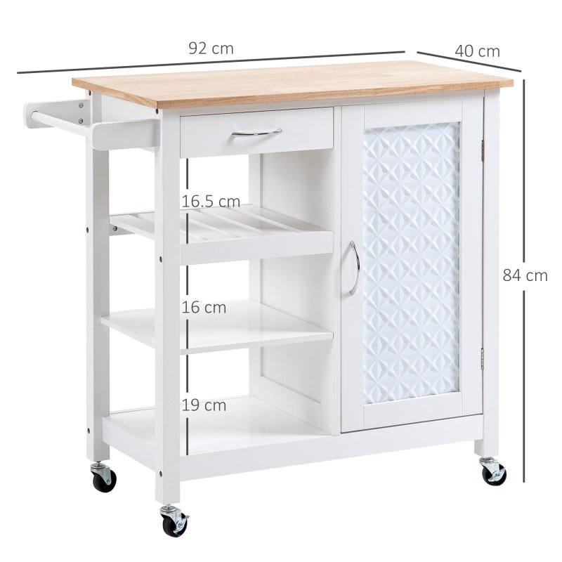 HOMCOM Kitchen Trolley, Kitchen Island on Wheels with Embossed Door Panel, Utility Kitchen Cart with 3 Storage Shelves, White