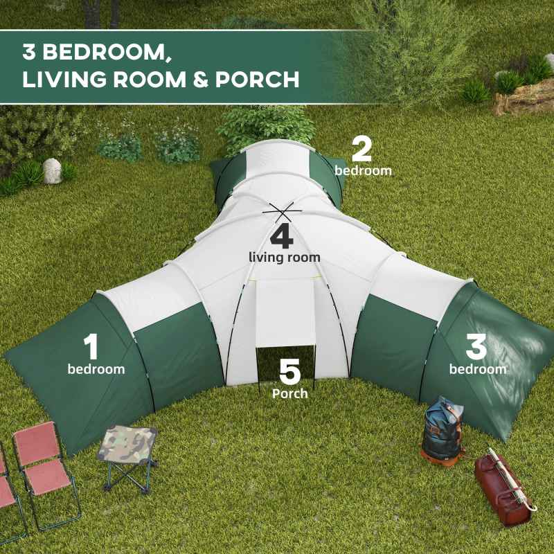 Outsunny 6-9 Man Large Tunnel Tent with 3 Bedroom, Living Area and Porch, 2000mm Waterproof Camping Tent, Portable with Bag, for Fishing Hiking Festival, Green